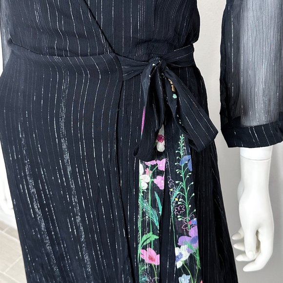 Anthropologie Laia Metallic Floral Print Midi Wrap Dress Black Navy Women's Sz S - Picture 10 of 17